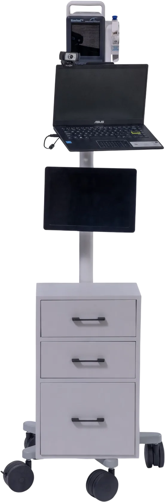 First-generation Dr Triage MDU cart, 2023: laptop and starter diagnostics on an off-the-shelf frame