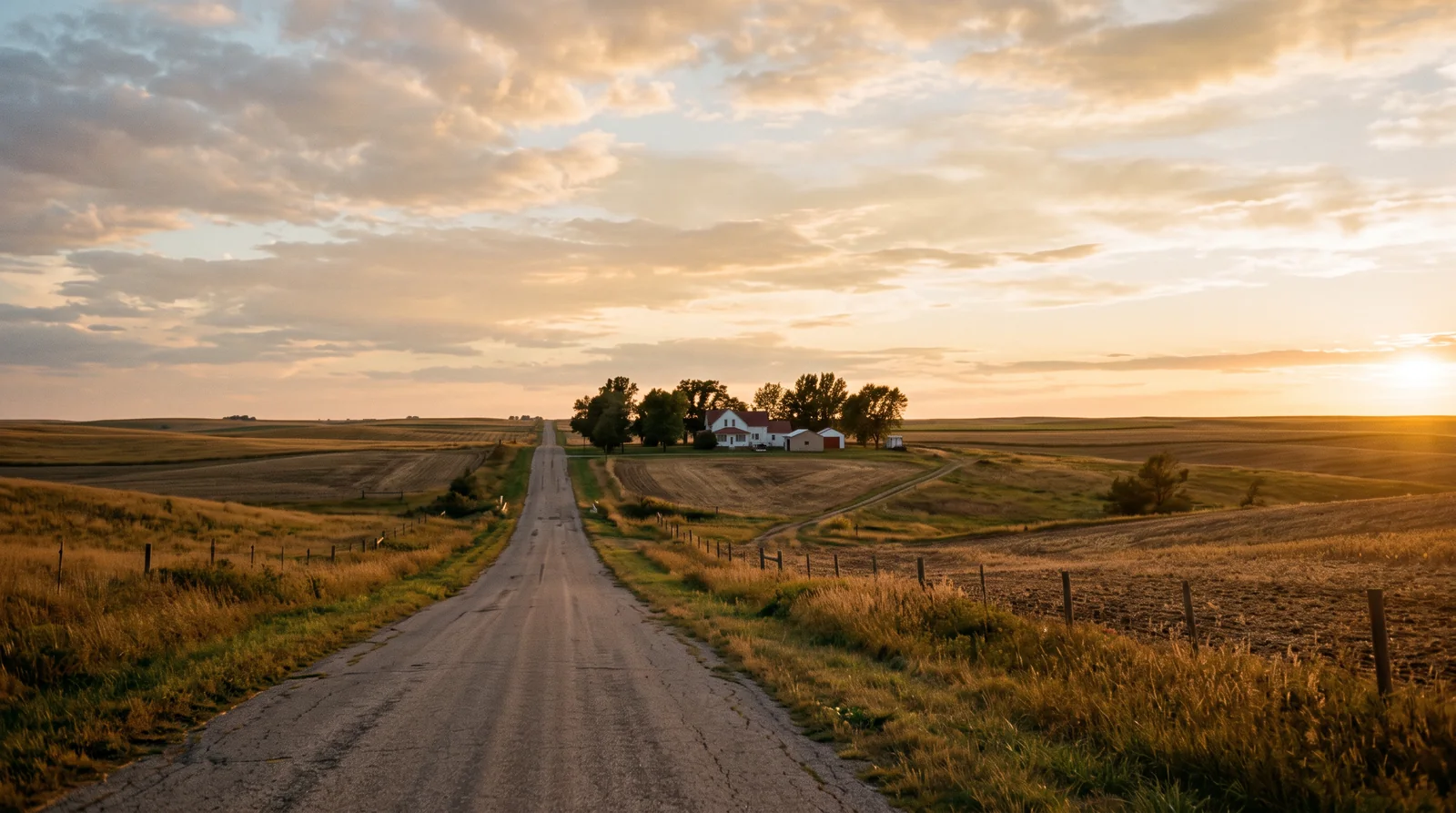 A rural road at sunset leading to a farmhouse